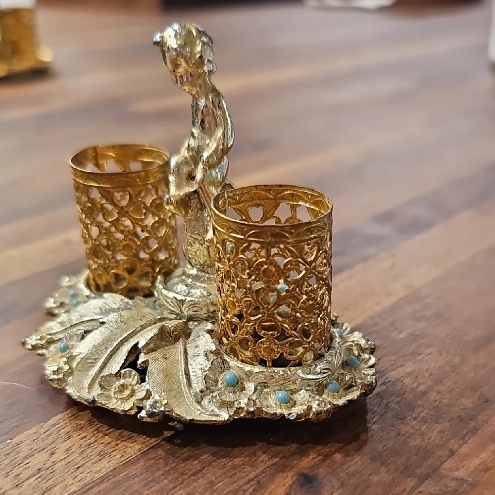 VINTAGE Lipstick Holder Sam Fink Gold Filigree Cherub Vanity 1960's